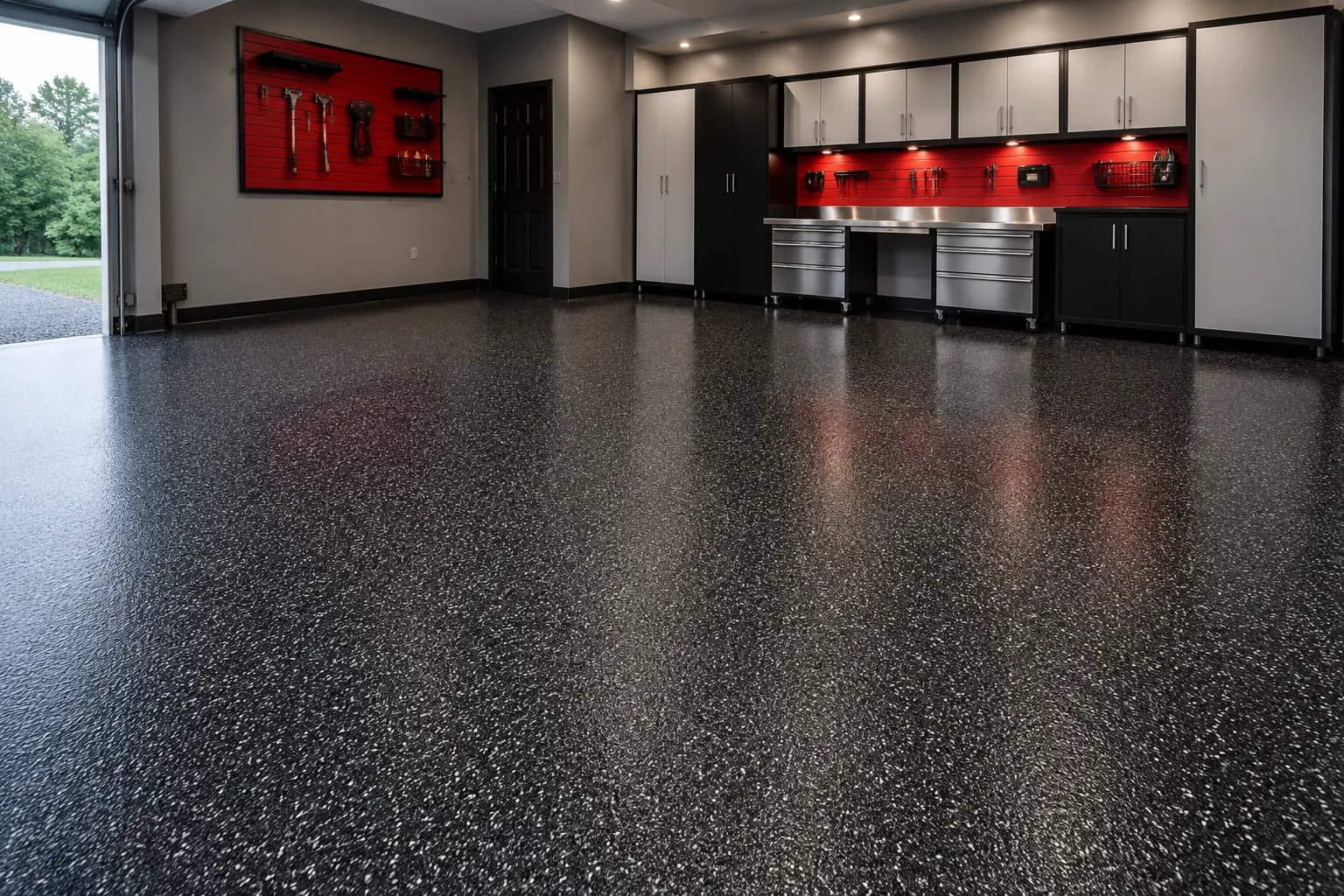 Black and white flake epoxy garage floor in a Huntsville, AL garage