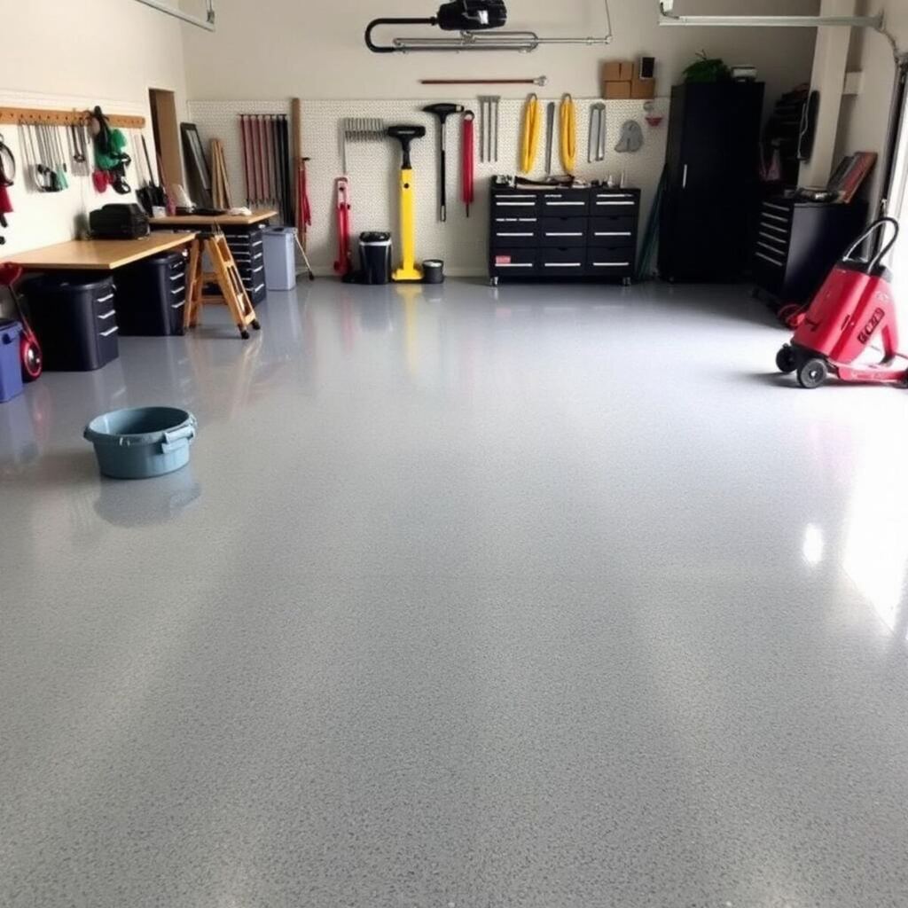 Polyaspartic garage floor coating with gray flake blend