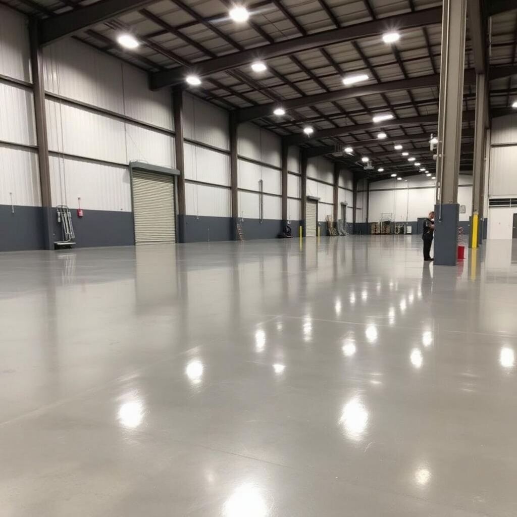 Metallic epoxy floor with pearl pigment flow pattern