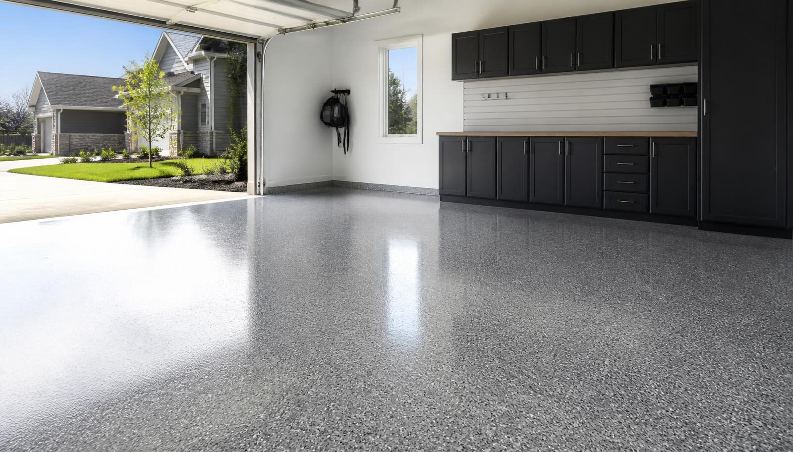 Freshly installed gray flake epoxy garage floor in a Huntsville, AL home