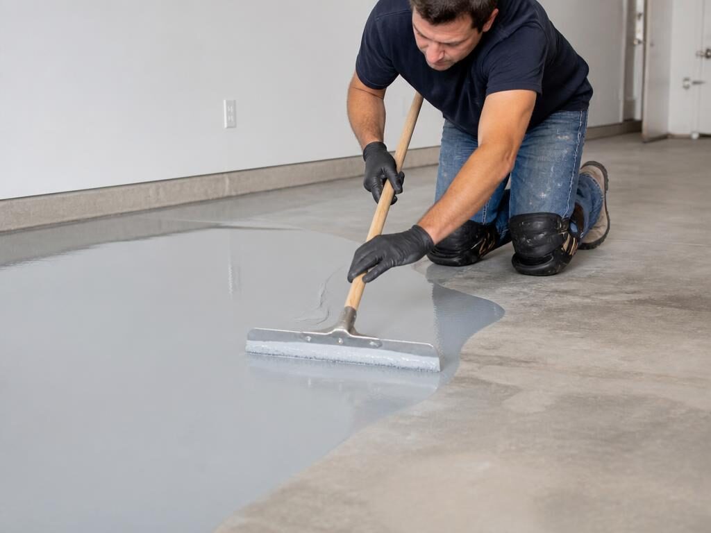 Installer spreading floor coating across a garage slab with a squeegee