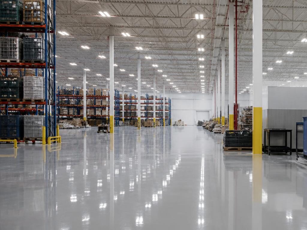 Bright commercial warehouse with a glossy light gray epoxy resin floor